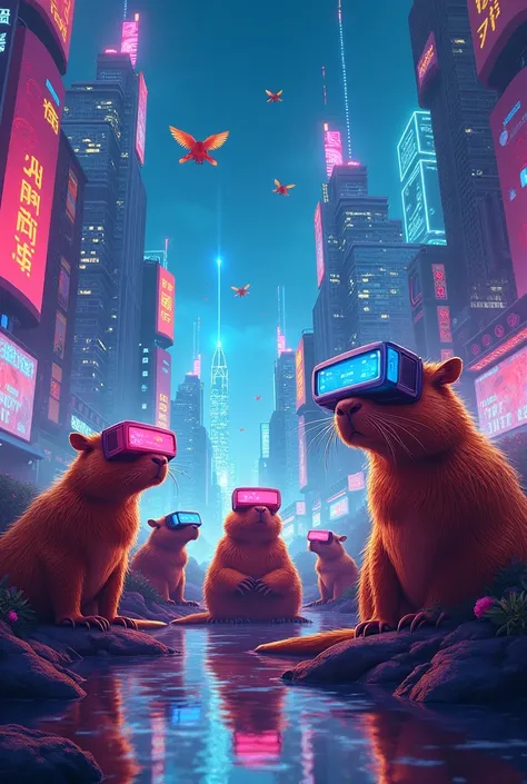 " A vibrant and surreal illustration of a group of capybaras exploring a futuristic city illuminated with neons,  with glass skyscrapers reflecting colored lights Some capybaras wear augmented reality glasses ,  while others float in anti-gravity water bub...