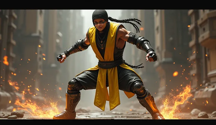 Realistic, detailing, cinematic, 8K. Cyrax Mortal Combat Costume, Figt, Super Power.