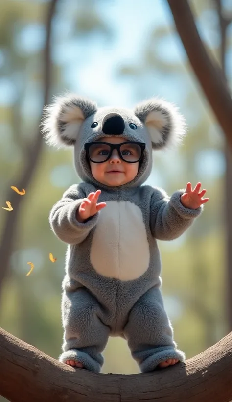 Show an adorable scene of a  baby in a fluffy grey koala suit, complete with big round ears and a tiny black nose on the hood. The baby wears black sunglasses, making them look like the coolest little koala. They gently sway and move their arms in a smooth...