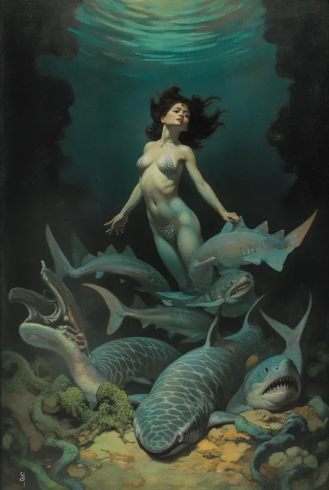 romanticism art by Jean-Léon Gérôme and Conrad Roset, Painting,a beautiful girl underwater, (she is Surrounded by sharks),mermaid, (nude_in the ocean, 12yo, ((she shows her boobs)),(nude) cute pose, ),(fish-net bra)), singularity black rivers ripple their ...