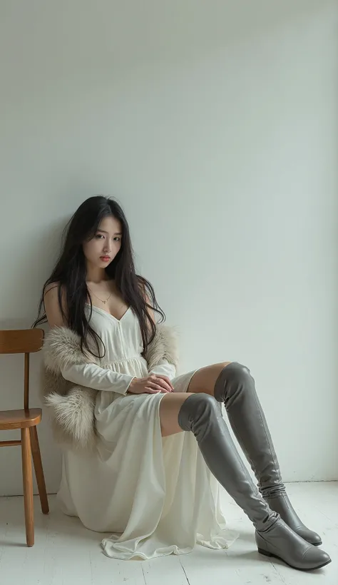 The image shows a young woman lying on the floor in a room with a white wall and a wooden chair. She is wearing a white dress with a fur stole draped over her body and thigh-high boots. Her legs are stretched out in front of her and she is resting her head...