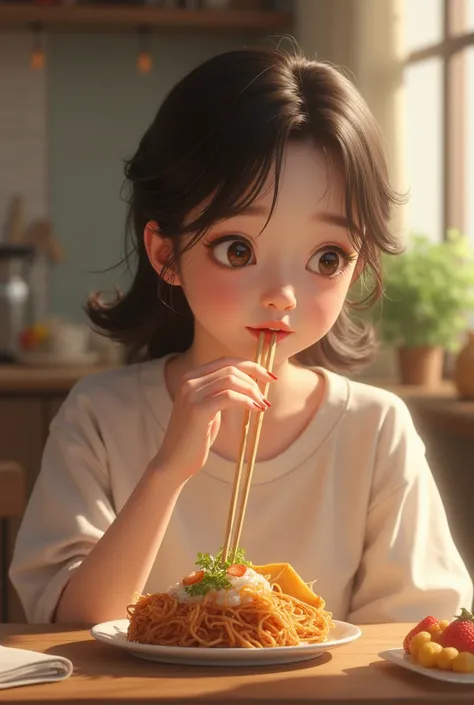 Picture a cute Korean girl eating food like a real human