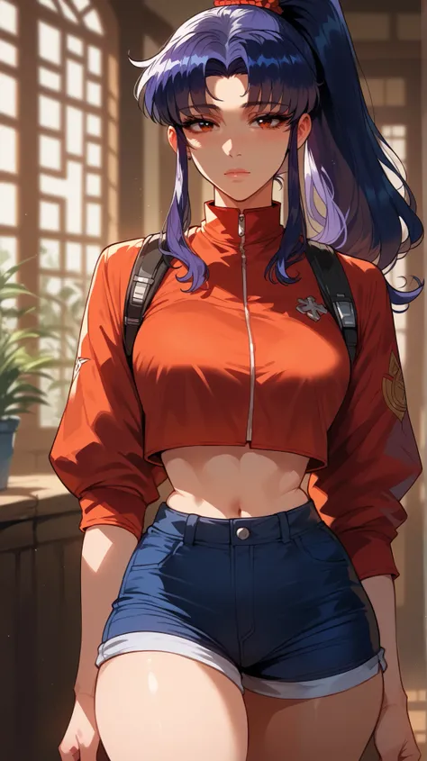 Misato Katsuragi style,  perfect eyes,  perfectly sexy face , ultra detailed,  ultra perfect eyes, hair tied like a ponytail ,  big beautiful woman , standing, dark blue shorts, Body,  looking at the viewer,