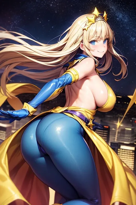 ((best quality)), ((masterpiece)), (detailed), 1 girl, 1, Smiling face, Blue eyes, Star-shaped tiara, Arms outstretched, Arms behind waist, Blue superhero mask, Blushing, Blonde hair, Straight hair, Long hair, Bangs, Hair ornaments, Star hair ornaments, br...