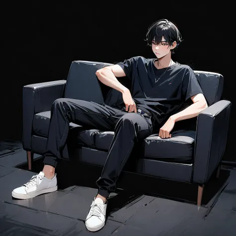 (masterpiece,  best quality:1.2),  alone,  casual wear,  full body,  dark background, A man is having trouble on the sofa