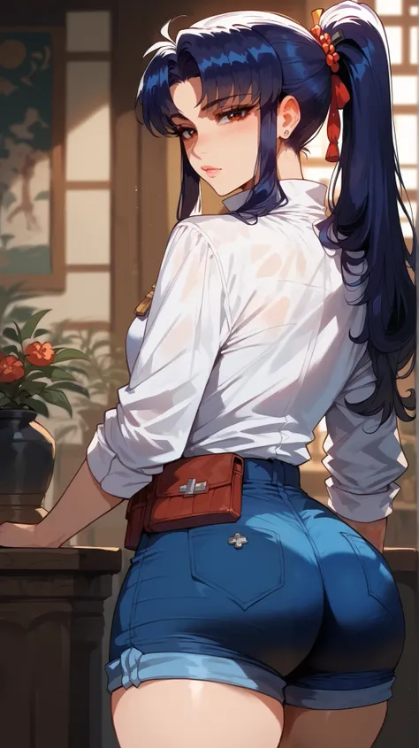 Misato Katsuragi style,  perfect eyes,  perfectly sexy face , ultra detailed,  ultra perfect eyes, hair tied like a ponytail ,  big beautiful woman ,  rear view , dark blue shorts, Body,  looking at the viewer,