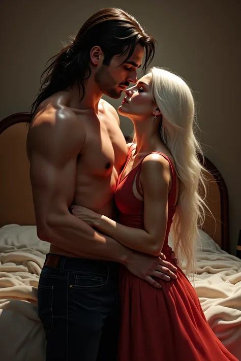 Explicit relationship of a tall white man with long black hair and a woman with long white hair and short in bed 