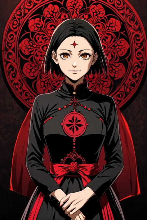 itadori kaori, anime jujutsu kaisen,  black hair,  short black hair ,  brown eyes,  medium tits,  detailed and beautiful eyes , elegant expression,  dark environment, obscure religious center ,  vibrant colors red and black ,  intricate details,  black dre...