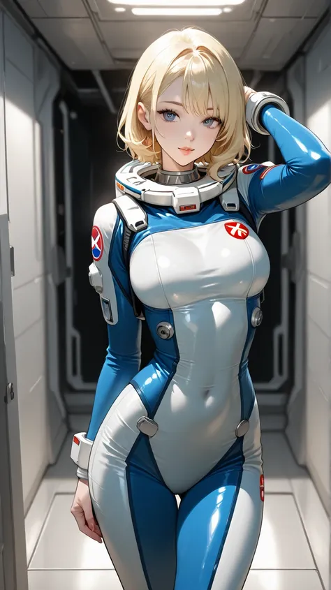 Spaceship with X-Com logo - sexy young woman standing in front of it and posing,  blonde hair, a space suit,  slim 