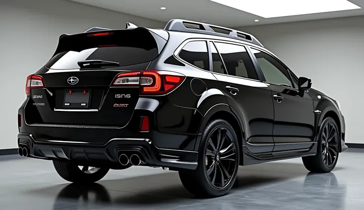 Front  side view Create a 3d render  car designc   back end " ""2026 Subaru outback black coluer  full modified  back end  clour with a “" "2025 Subaru outback  full modified  back  end  ” logo on back.  “” on its   right style . and. Headlights“in pure gl...