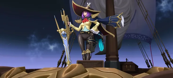 A beautiful pirate woman in a ship, she is a violet haired with an angelic gun, she has a red necktie with a golden top, with black pants and high heels. She is an angelic pirate.

ANGEL STYLE SNIPER GUN make it more like an powerful anime with golden powe...