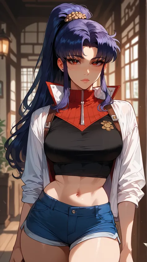 Misato Katsuragi style,  perfect eyes,  perfectly sexy face , ultra detailed,  ultra perfect eyes, hair tied like a ponytail ,  big beautiful woman , standing, dark blue shorts, Body,  looking at the viewer,