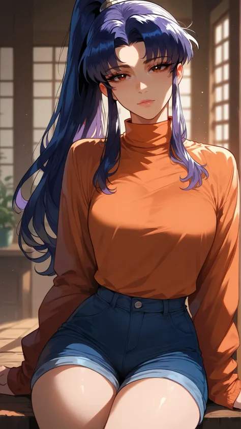 Misato Katsuragi style,  perfect eyes,  perfectly sexy face , ultra detailed,  ultra perfect eyes, hair tied like a ponytail ,  big beautiful woman , sitting, dark blue shorts, Body,  looking at the viewer,