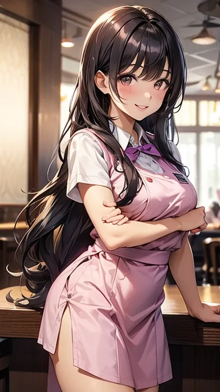 1girl, solo, bangs, black wavy hair, parted lips, brown eyes, long hair, smile, solo, pink and purple waitress uniform, restaurant background,  smiling