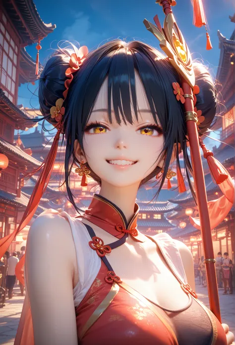 (best quality,4k,8k,highres,masterpiece:1.2),ultra-detailed,teenage girl, fantasy,golden-eyed,beautiful detailed eyes,short black hair with short bangs,happiness,confident, grin, teeth, naughty, cute, red ribbon, two buns, chinese style, Nezha, red accesso...