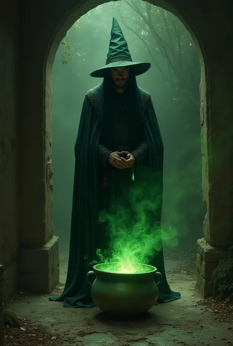 I would like a sorcerer with an air of being very mean and who only cares about himself in a house that closes the front door with a pot behind him, that has a scrap foot and green water inside the pot. .