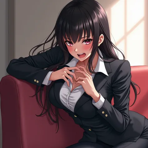 （nsfw, handjob）, anime girl, cute, long hair, black hair, business suit, big breasts ,angry face, detailed, illustration