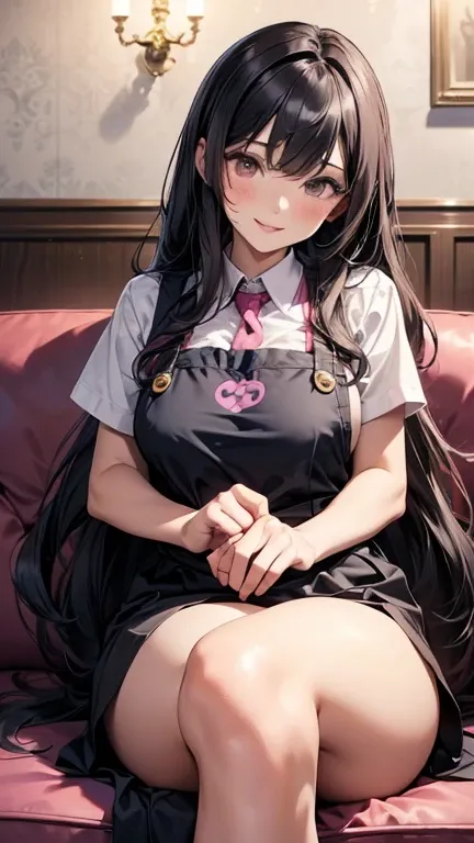 1girl, solo, bangs, black wavy hair, parted lips, brown eyes, long hair, smile, solo, pink and purple waitress uniform, restaurant background,  smiling,   reclining gracefully on a plush sofa. She is draped over the armrest or backrest, with her body angle...