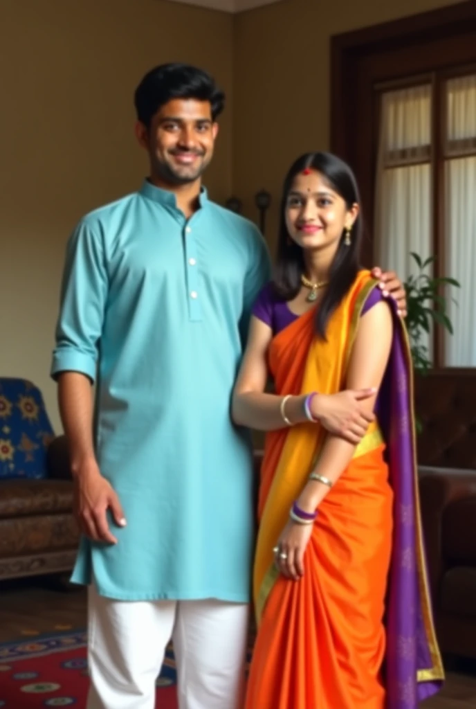 Create an image of a young Indian man (Pappu) wearing a light blue kurta and white pants, grinning confidently, standing next to a girl in a bold, modern saree. The father (Papa) stands in the background, furious and raising his hands in disbelief. The bac...