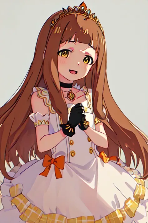  top quality, masterpiece,  high resolution, Alone, { Ichihara  _nina_theidolmastercinderellagirlsu149:1.15},  brown_hair, length_hair, 前hair,  brown_eye, dull_前hair, smile, open_mouth,  cosplay, bow, Mascot, yellow_eye,  1 girl,  dress ,  gloves,  tiara ,...