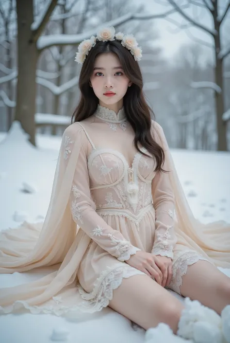 a young girl sitting wearing a lolita style dress with a cape, detailed face and eyes, winter outdoor scene with snow, masterpiece, 8k, highly detailed, photorealistic, dramatic lighting, muted color palette, cinematic composition