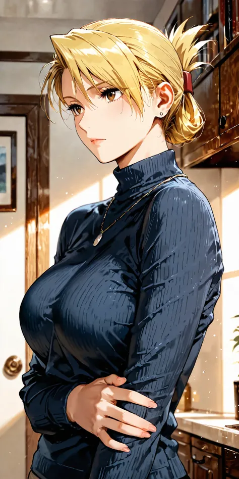 Masterpiece, mature woman, riza hawkeye, slim, upper body, long sleeve shirt, ultra detailed, highres, absurdres, home, portrait, semi realistic