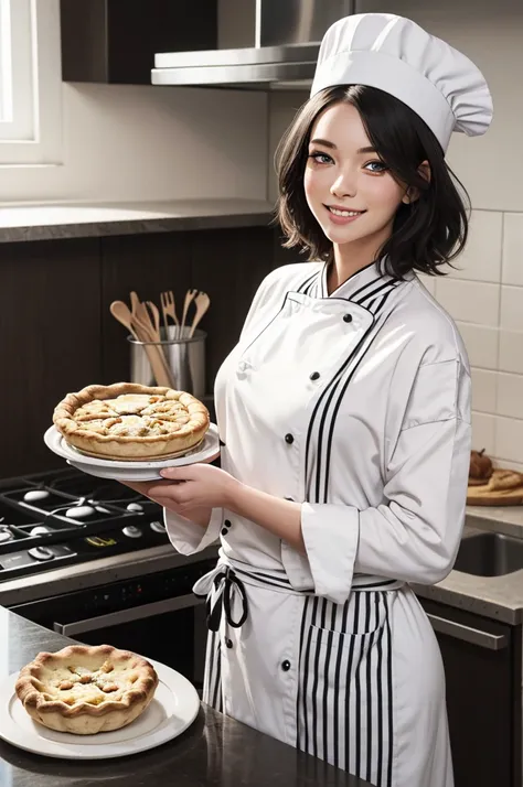 Draw me a girl cook, pale skin, heterochromia, one eye black, one white. She has short, unkempt black and white hair, and she wears a black sweater with red stripes, a chef's hat and a kitchen robe and also in the background there is a kitchen, and she is ...