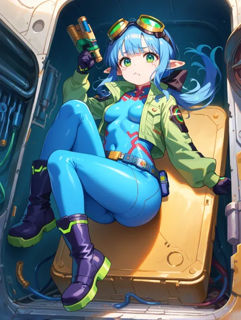  Score_9, score_8_up, 4k, 8k, detailed face, source_anime,  anime loli girl, loli, medium breasts, ligth blue hair,  green eyes, detalized eyes,  lewd face, huge ass, cyberpunk style opaque bodysuit , blue  bodysuit, in big  hangar, goggles on head, close ...