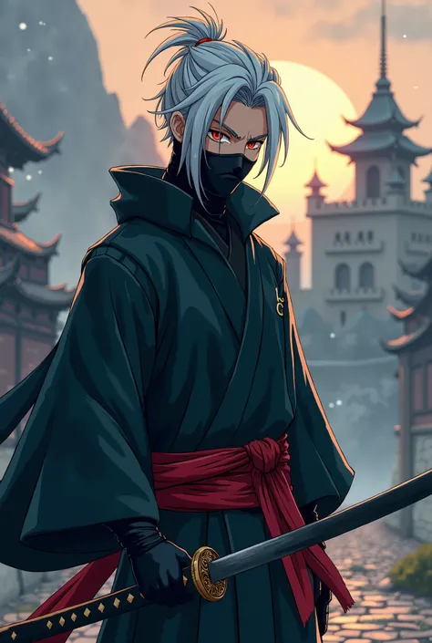 "I want the image in Japanese ANIME style" I want a male ninja, with a mask covering his mouth, he has red eyes and white hair, this ninja lives in medieval times, he is in front of an ancient castle, this man is holding a katana in your hand
