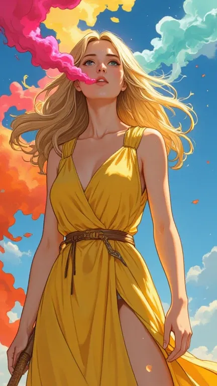 Create an illustration of a woman with golden hair and golden dress , Blowing colored smoke out of the mouth, inspired by the character Siri from the book Warbreaker, Where does it represent the magic of the literary universe known as Biochromatic.