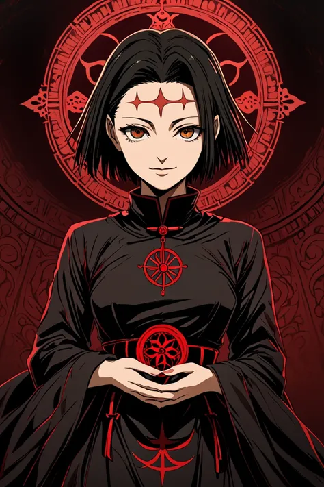 itadori kaori, anime jujutsu kaisen,  black hair,  short black hair ,  brown eyes,  medium tits,  detailed and beautiful eyes , elegant expression,  dark environment, obscure religious center ,  vibrant colors red and black ,  intricate details,  black dre...