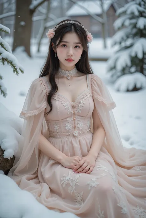 a young girl sitting wearing a lolita style dress with a cape, detailed face and eyes, winter outdoor scene with snow, masterpiece, 8k, highly detailed, photorealistic, dramatic lighting, muted color palette, cinematic composition