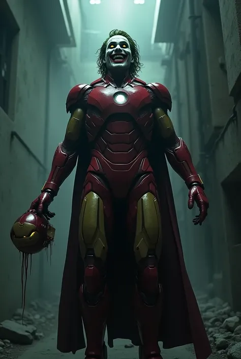  A full body photo, seen from below ,Joker mixed with Iron Man,A spooky scenario, holding only Iron Man's head in one hand 