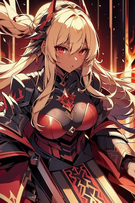 A women in a black armor with a gold skin in a burning sky, night, blond hair, a lot of freckles, scarlet red eyes glowing, red lips, combinaison latex