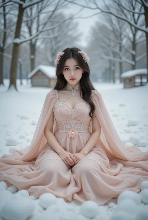 a young girl sitting wearing a lolita style dress with a cape, detailed face and eyes, winter outdoor scene with snow, masterpiece, 8k, highly detailed, photorealistic, dramatic lighting, muted color palette, cinematic composition