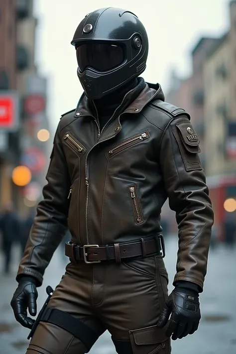 A men wear motorcyclist dress 