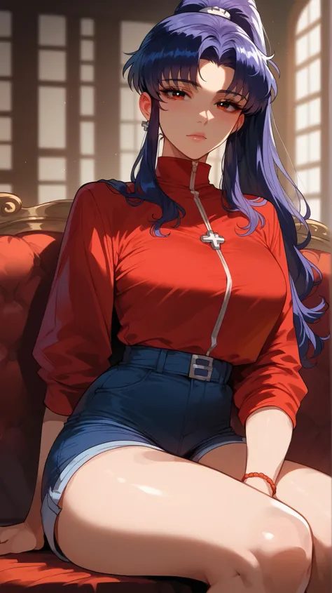 Misato Katsuragi style,  perfect eyes,  perfectly sexy face , ultra detailed,  ultra perfect eyes, hair tied like a ponytail ,  big beautiful woman , sitting, dark blue shorts, Body,  looking at the viewer,