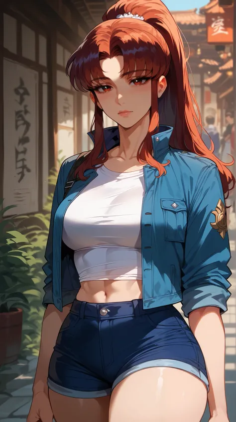 Misato Katsuragi style,  perfect eyes,  perfectly sexy face , ultra detailed,  ultra perfect eyes, hair tied like a ponytail ,  big beautiful woman , standing, dark blue shorts, Body,  looking at the viewer,