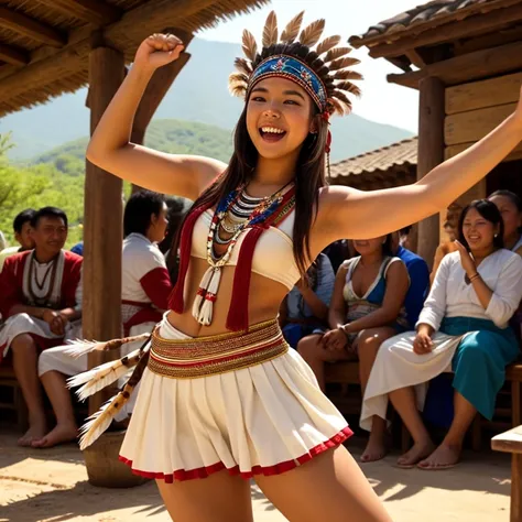 A young woman with a beautiful Latin face is dancing while smiling and singing in gratitude to God、She has slightly brownish skin and an American Indian style costume on her head
I know the whole body、The scenery is of people from ancient villages dancing ...