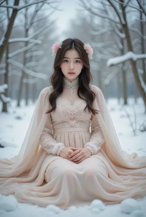 a young girl sitting wearing a lolita style dress with a cape, detailed face and eyes, winter outdoor scene with snow, masterpiece, 8k, highly detailed, photorealistic, dramatic lighting, muted color palette, cinematic composition