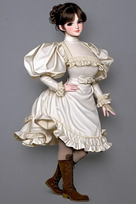 Jessica Lovejoy as a pretty ((10yo brunette)) flirt of the 1890s. Wearing 1890_dr3ss, high-collar gown with long puff sleeves, short skirt, silk stockings, ankle boots. Full body. Coquettish smile, cherubic face, seductive glance