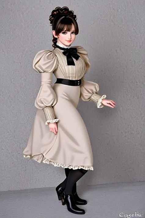 Jessica Lovejoy as a pretty ((10yo brunette)) flirt of the 1890s. Wearing 1890_dr3ss, high-collar gown with long puff sleeves, short skirt, silk stockings, ankle boots. Full body. Coquettish smile, cherubic face, seductive glance