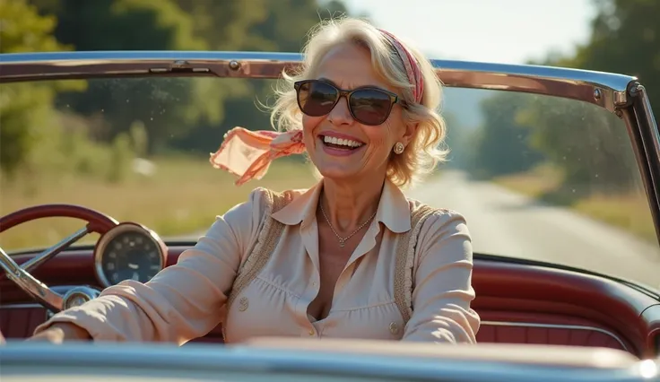 old elderly sexy woman 75 years old 
Vintage convertible: A woman wearing sunglasses, with a silk scarf on her head, sits in an open car enjoying the wind and freedom.
