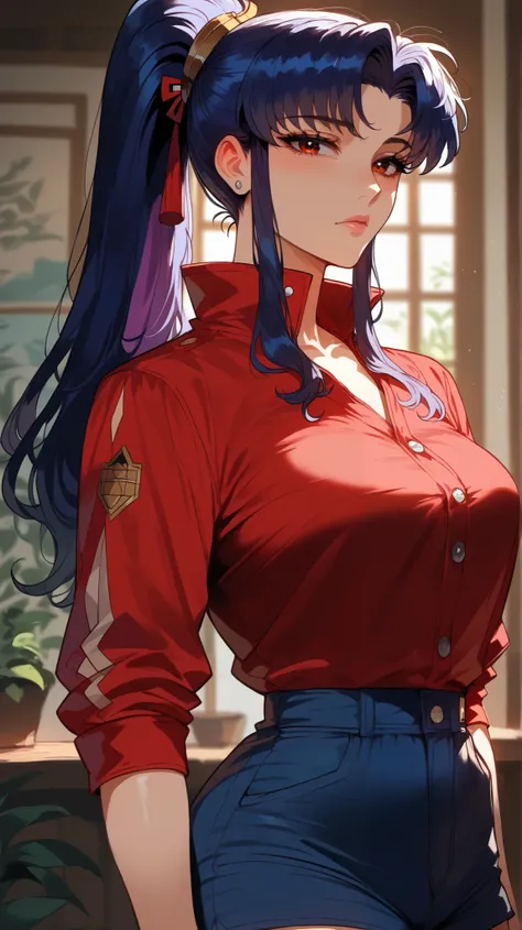 Misato Katsuragi style,  perfect eyes,  perfectly sexy face , ultra detailed,  ultra perfect eyes, hair tied like a ponytail ,  big beautiful woman , standing, dark blue shorts, Body,  looking at the viewer,