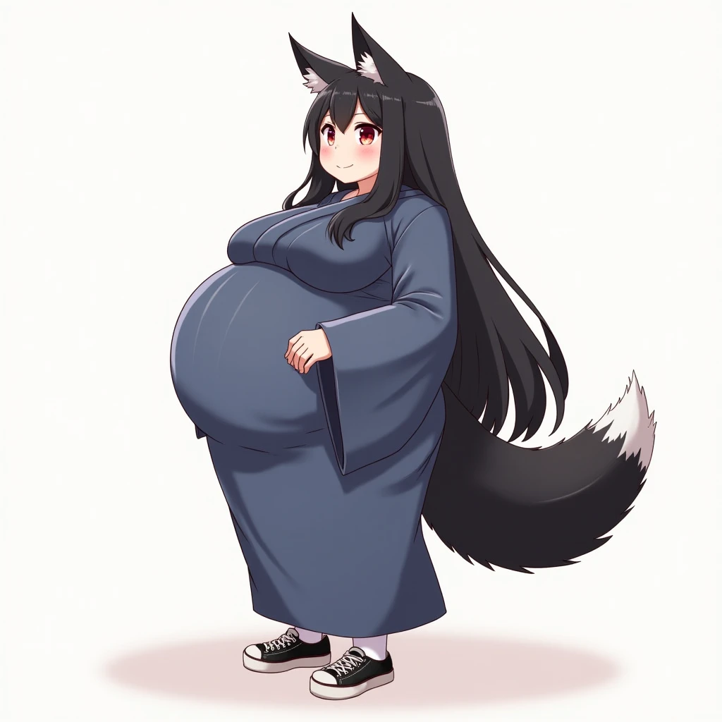 anime girl, long hair, dark black hair,big pregnant, dark red eyes, very big breasts, very big belly , pregnant girl, biggest belly , anime style, big breasts, pregnant girl with big belly, smile, white thin tights, dark blue long dress-yukata kimono, big ...