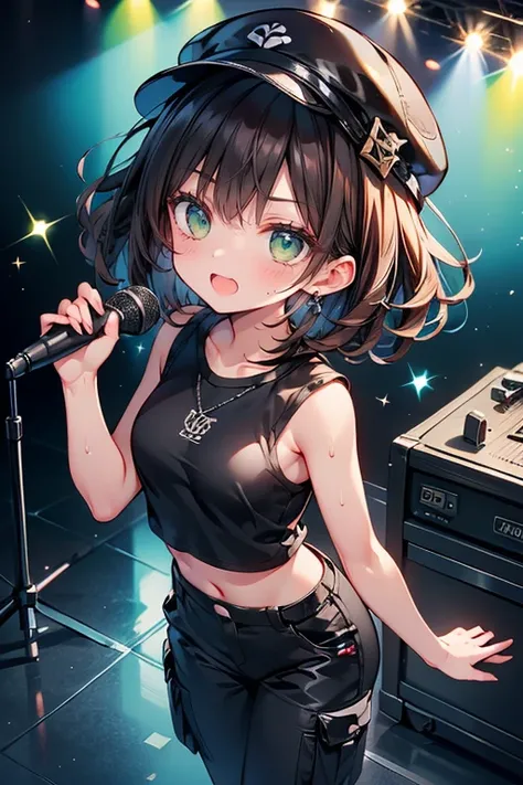 (masterpiece),  top quality,  perfect face,  expressive eyes, woman(155cm tall、Small face、brown hair, shortcuts、  green eyes , Slightly small breasts, slightly thick thighs,cute face) Hunting Hat ,,Black T-shirt,  black cargo pants ,  holding a microphone、...