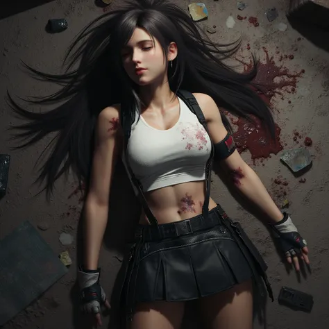 A beautiful lifeless Tifa Lockhart lies before us, her once-vibrant appearance now marked by tragedy. Her hair spills across the ground, tangled and dusted with debris. She is dressed in a white crop top with suspenders, black leather skirt, and a pair of ...