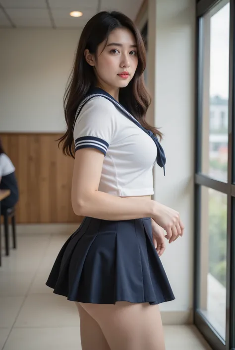 (  Super Cute Young Face  ),
(Japanese idol's face :1),
very beautiful cute big breasted girl,
(Sailor High School :1.1),
(beautiful pleated skirt :1,5),
Professional photographer, 
 full body photo，Big Ass