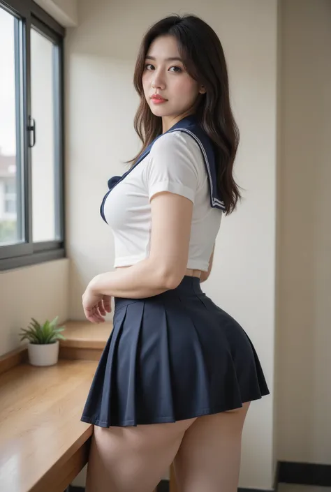 (  Super Cute Young Face  ),
(Japanese idol's face :1),
very beautiful cute big breasted girl,
(Sailor High School :1.1),
(beautiful pleated skirt :1,5),
Professional photographer, 
 full body photo，Big Ass