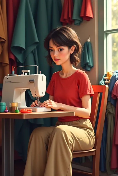 Dark blond haired girl size m on a sewing machine and fabrics dressed in a red t-shirt and beige palazo pants